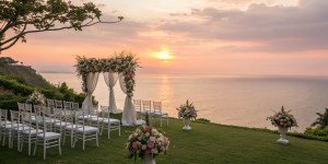 Oceanfront wedding ceremony with floral arch at sunset.